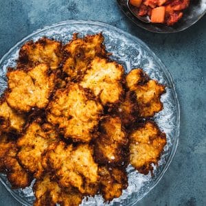 Vegan latkes with pretty pink applesauce