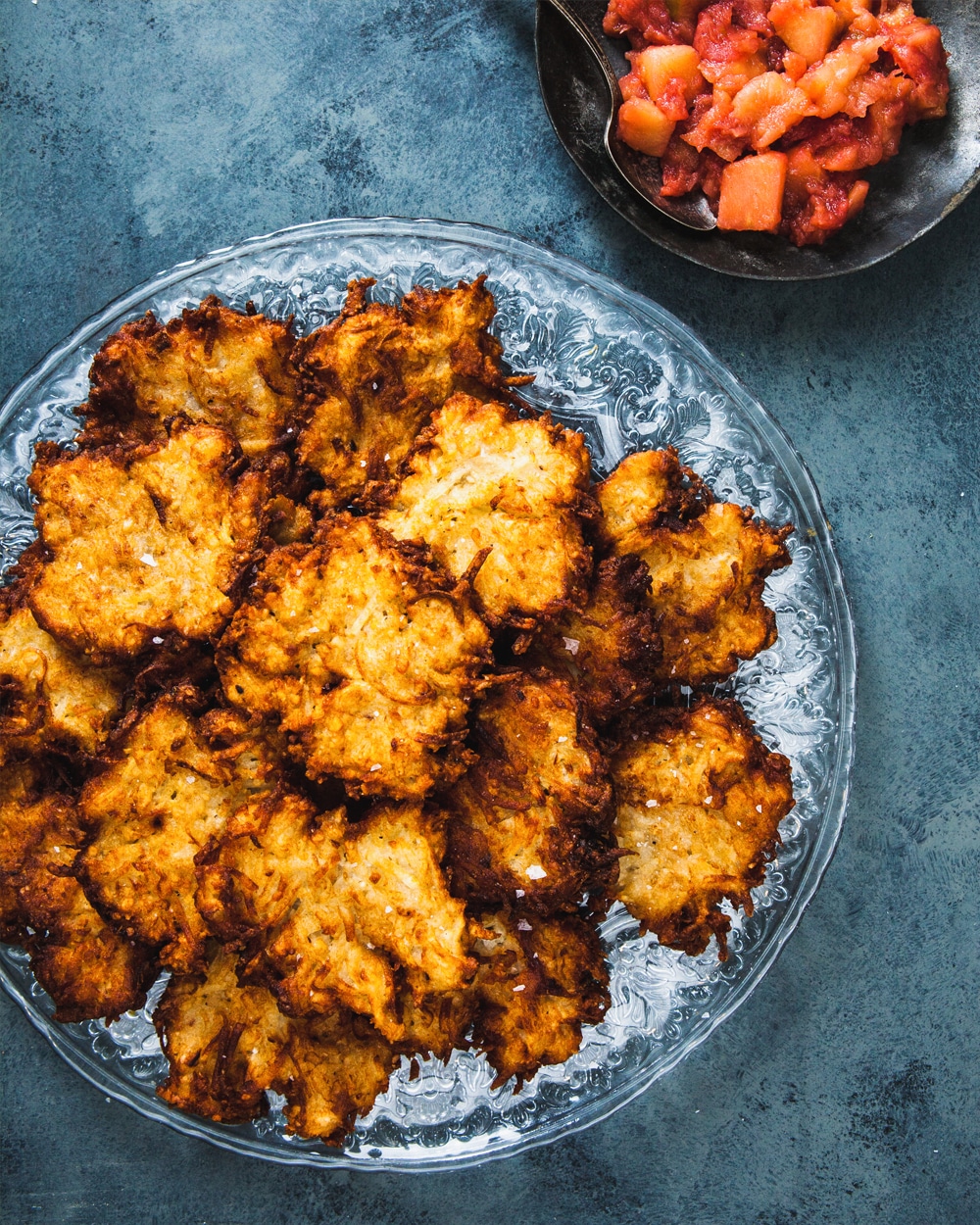 Vegan latkes with pretty pink applesauce