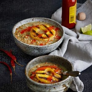 Vegan ancho lentil soup with grilled pineapple