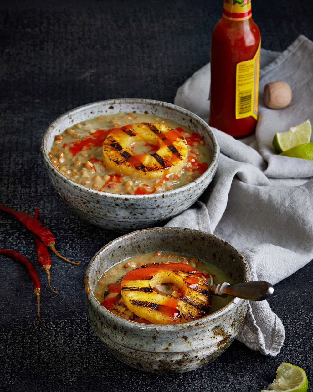 Vegan ancho lentil soup with grilled pineapple