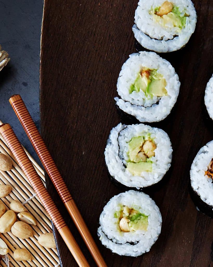 Vegan avocado peanut sushi rolls