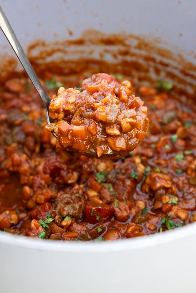 A big ladle of delicious vegan tempeh chili