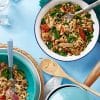 Tempeh orzilla, vegan orzo with tempeh sausage, spinach and sundried tomato