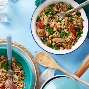 Tempeh orzilla, vegan orzo with tempeh sausage, spinach and sundried tomato