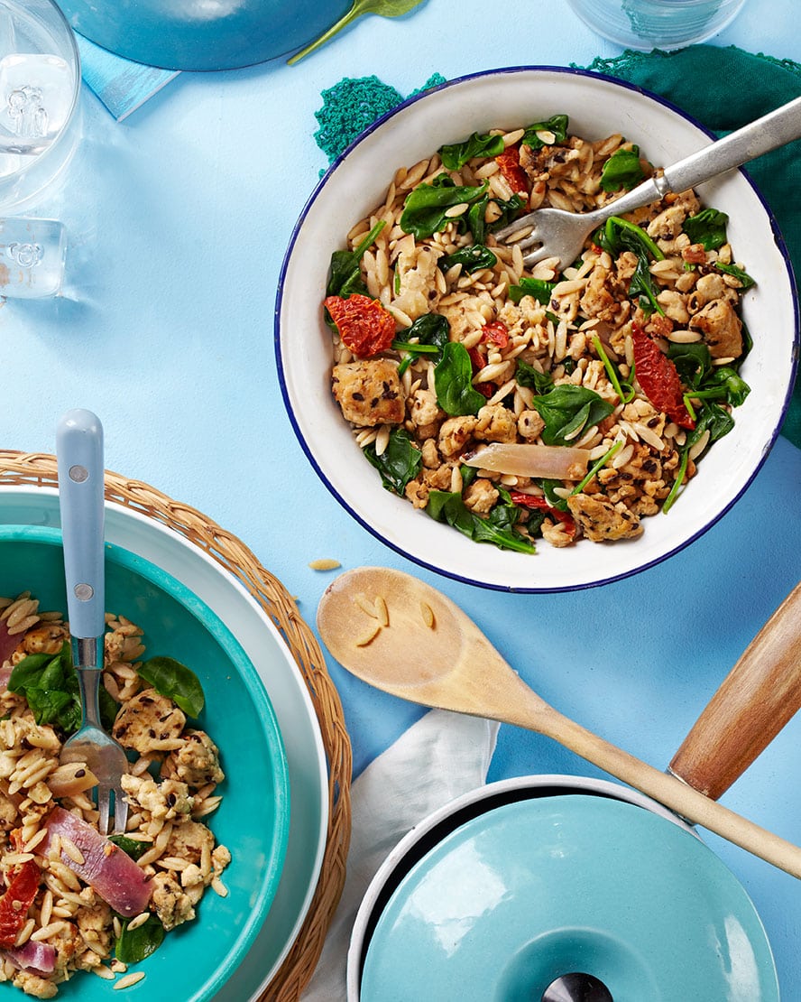 Tempeh orzilla, vegan orzo with tempeh sausage, spinach and sundried tomato
