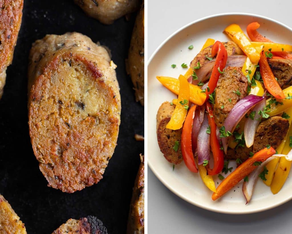 Seared vegan Italian sausage alone and with peppers and onion