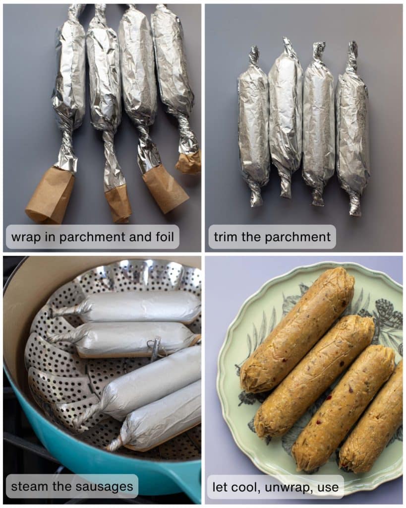 A collage showing the steaming and prep of vegan italian sausage