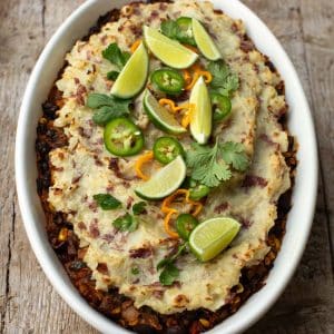 Tamale shepherds pie, a black bean casserole with tamale flavor and potatoes on top