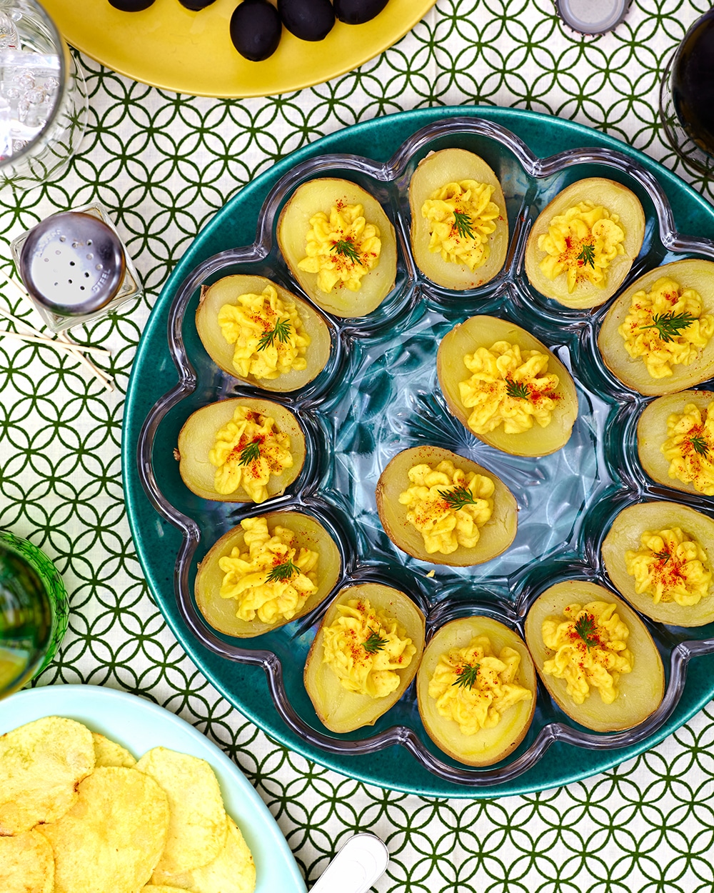 Vegan deviled eggs made out of potatoes