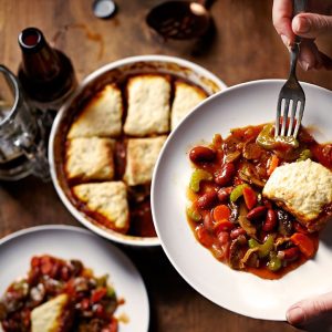 Vegan mushroom stout pie with kidney beans and potato biscuits
