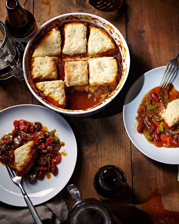 Vegan mushroom stout pie with kidney beans and potato biscuits