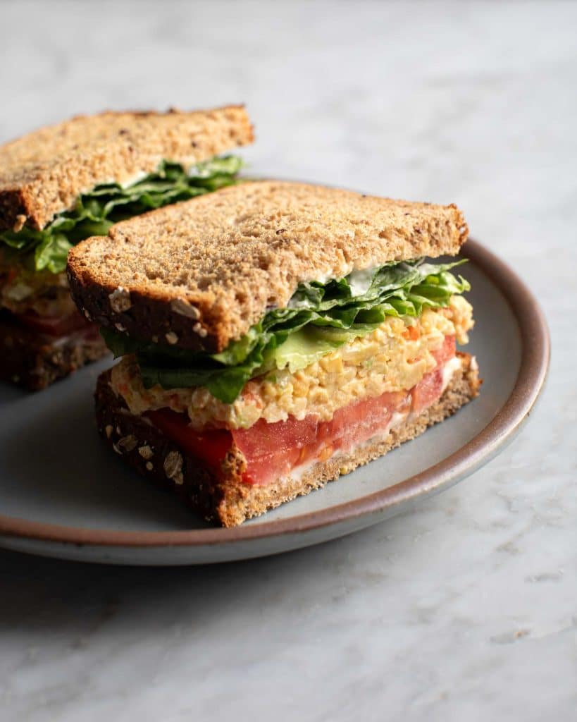 Chickpea salad sandwich cut in half