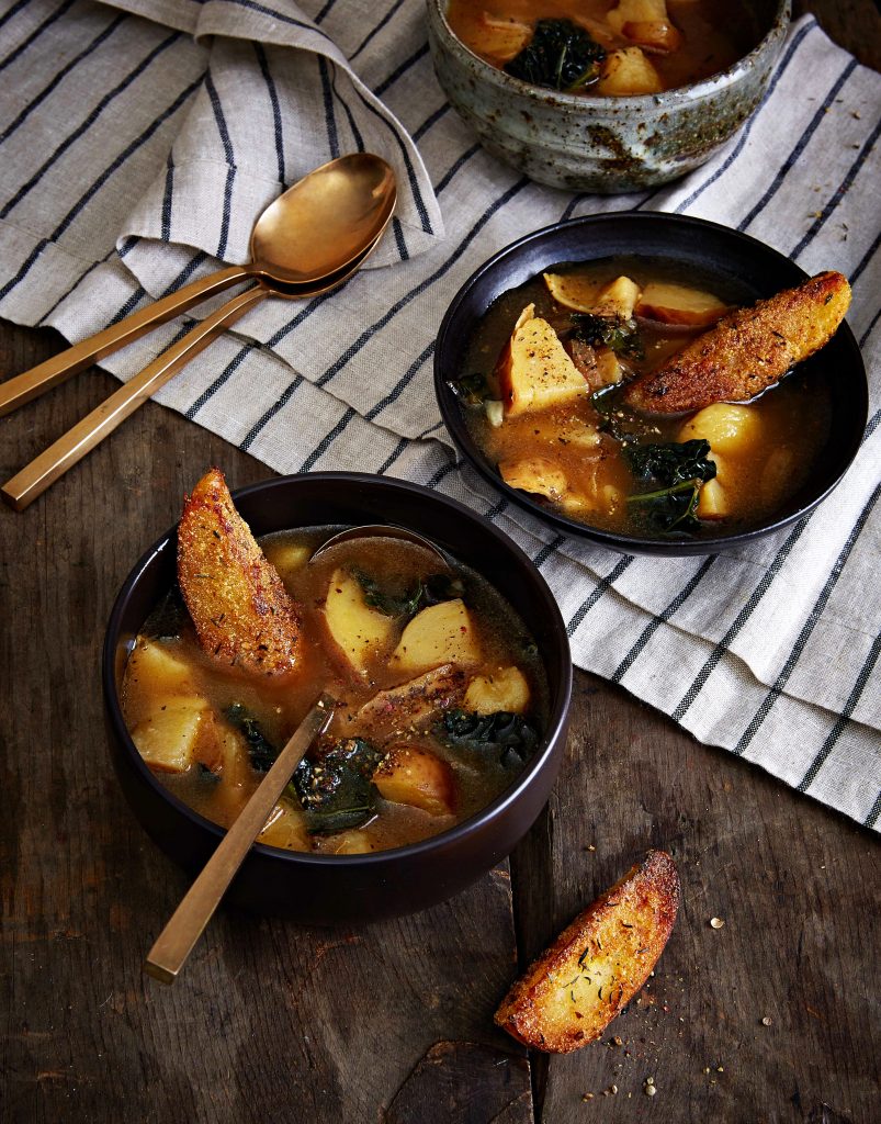 Baked Potato & Greens Soup With Potato-Wedge Croutons