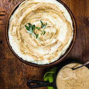 Vegan mashed potatoes and white bean gravy