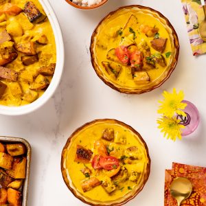 Vegan coconut root vegetable stew with ginger