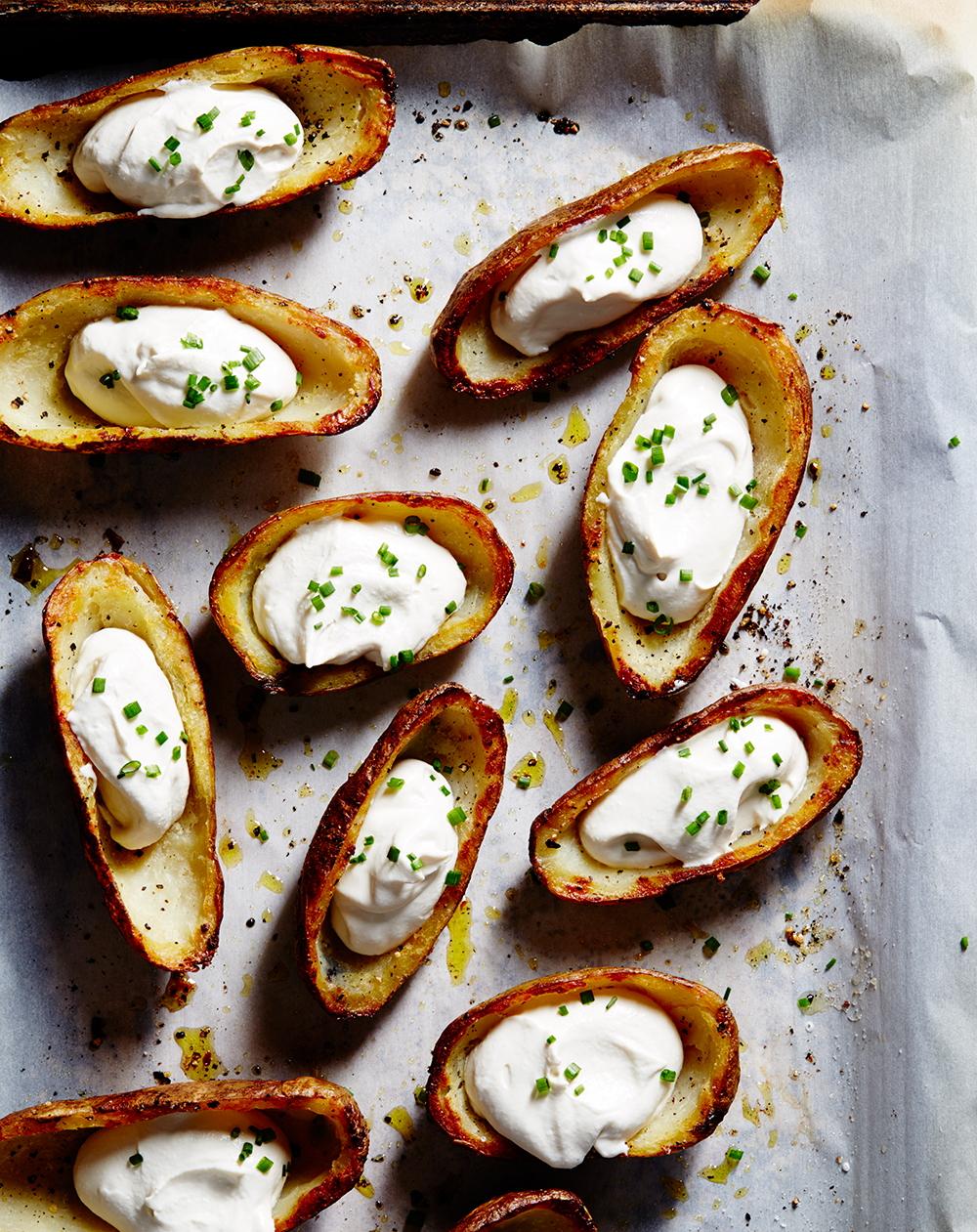 Vegan sour cream and onion potato skins