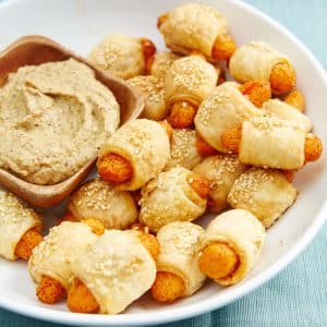 Snuggy Bunnies. Vegan pigs in a blanket made with smoky baby carrots