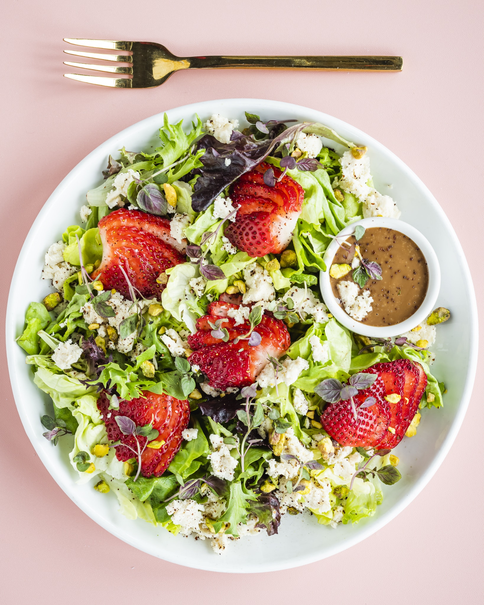 Vegan strawberry feta salad with almond feta and maple dijon dressing