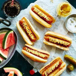 Homemade vegan hot dogs made with seitan and tofu