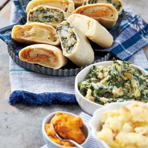 Vegan knishes: potato, sweet potato, spinach potato