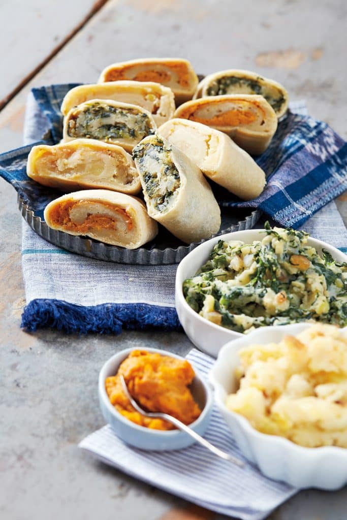 Vegan knish and homemade dough recipes. Sweet potato, potato and spinach potato