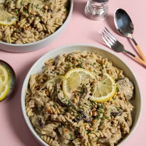 Baba ghanoush pasta - creamy tahini eggplant pasta with lemon and pinenuts
