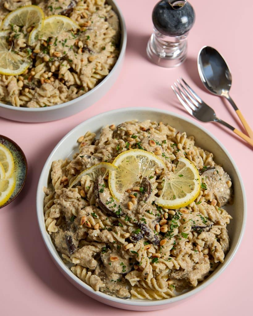 Baba ghanoush pasta - creamy tahini eggplant pasta with lemon and pinenuts