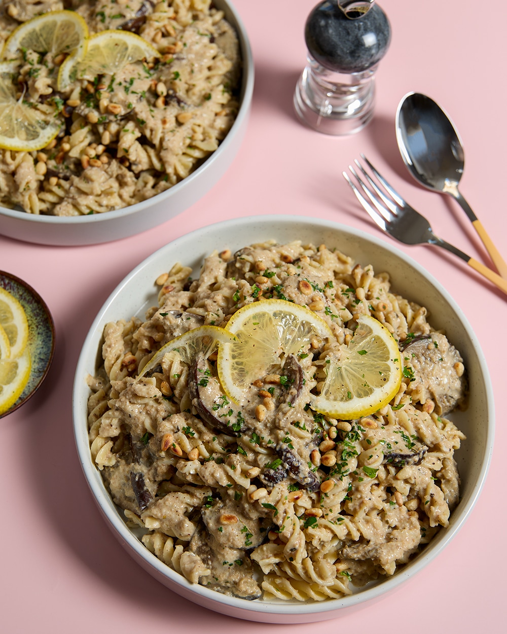 Baba ghanoush pasta - creamy tahini eggplant pasta with lemon and pinenuts