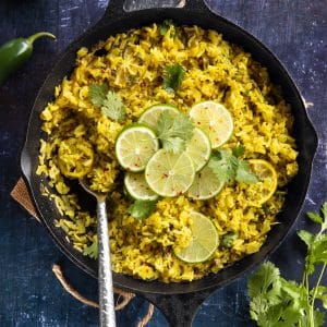 vegan baked cilantro lime rice in a cast iron skillet