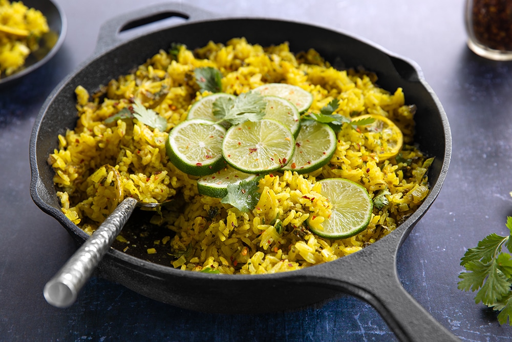 vegan baked cilantro rice with fresh lime on top