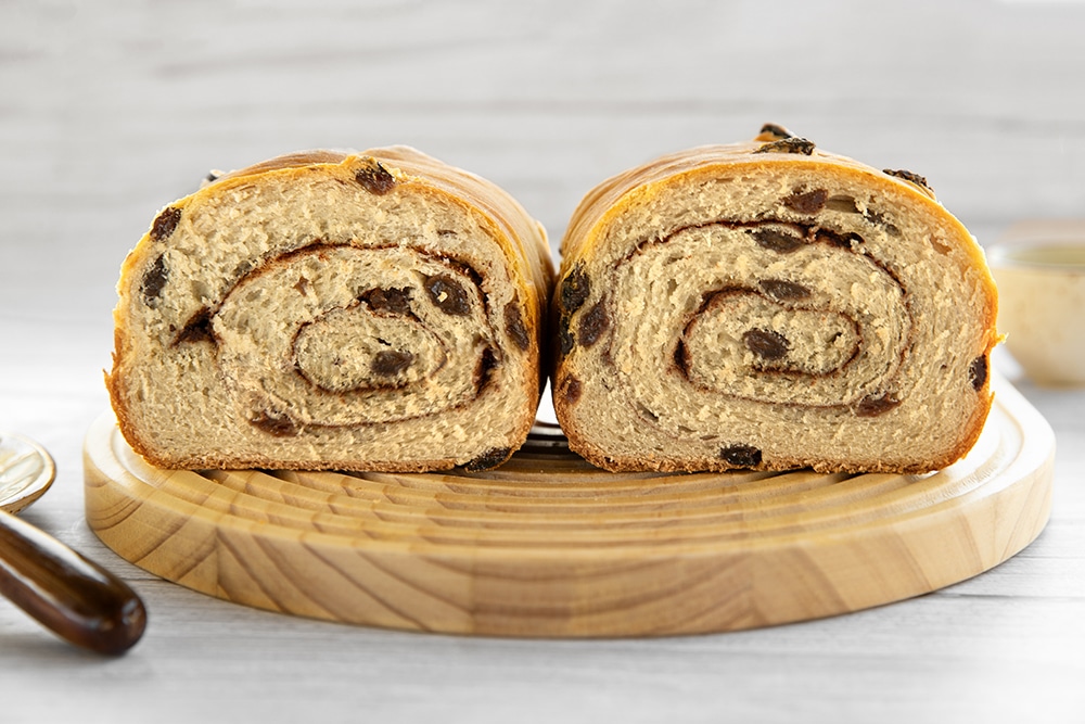 Vegan cinnamon raisin swirl bread inside shot