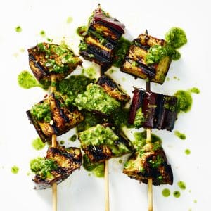 Vegan eggplant chimichurri skewers
