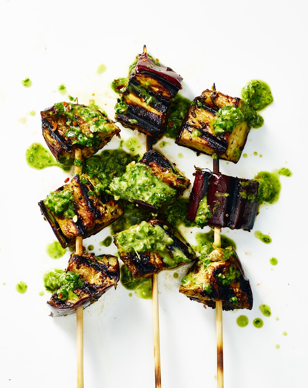 Vegan eggplant chimichurri skewers