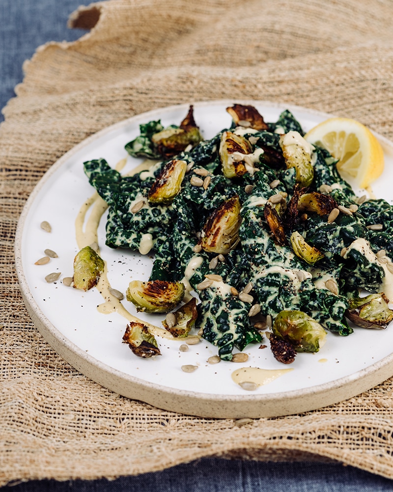 Vegan Kale Caesar with Brussels Sprout Croutons