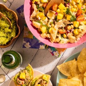Vegan mushroom ceviche with pineapple, chickpeas, and oyster mushrooms served with tortilla chips and guacamole