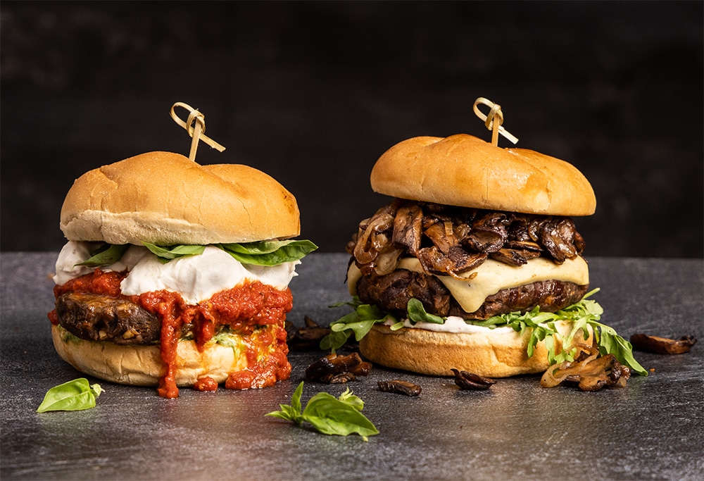 A veggie burger for the grill. Meat seitan burgers! Pizza Burger and Mushroom Provolone burger variations.