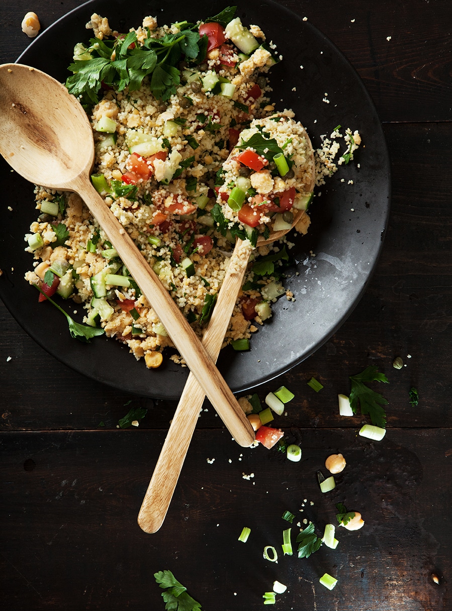 Couscous salad with smashed chickpeas