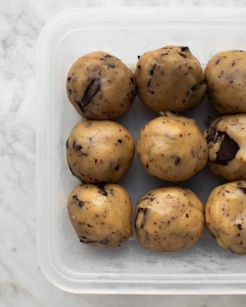 Olive oil chocolate chip cookie balls at the ready