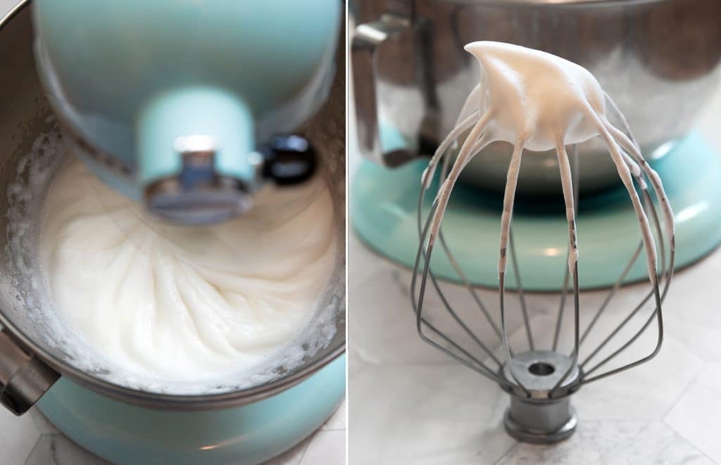 aquafaba in a standing mixer, whipped into medium peaks