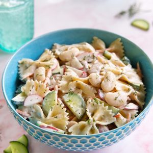 creamy vegan bow tie pasta salad with butter beans and fresh dill