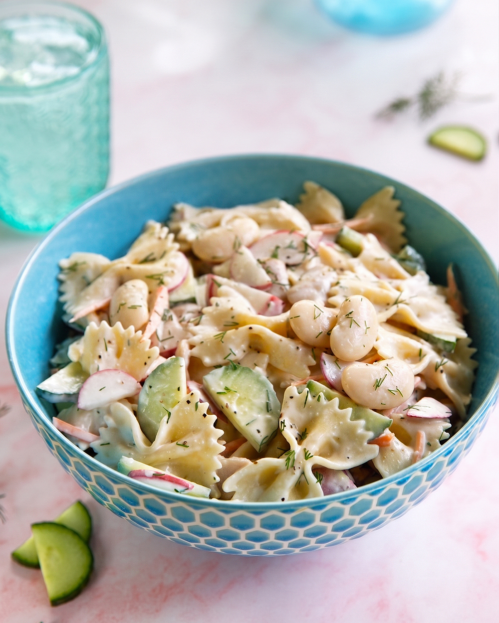 creamy vegan bow tie pasta salad with butter beans and fresh dill