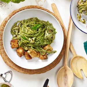 Pesto pasta with tofu and cauliflower