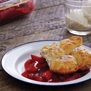 Vegan strawberry cobbler with rosewater and lemon poppyseed biscuit
