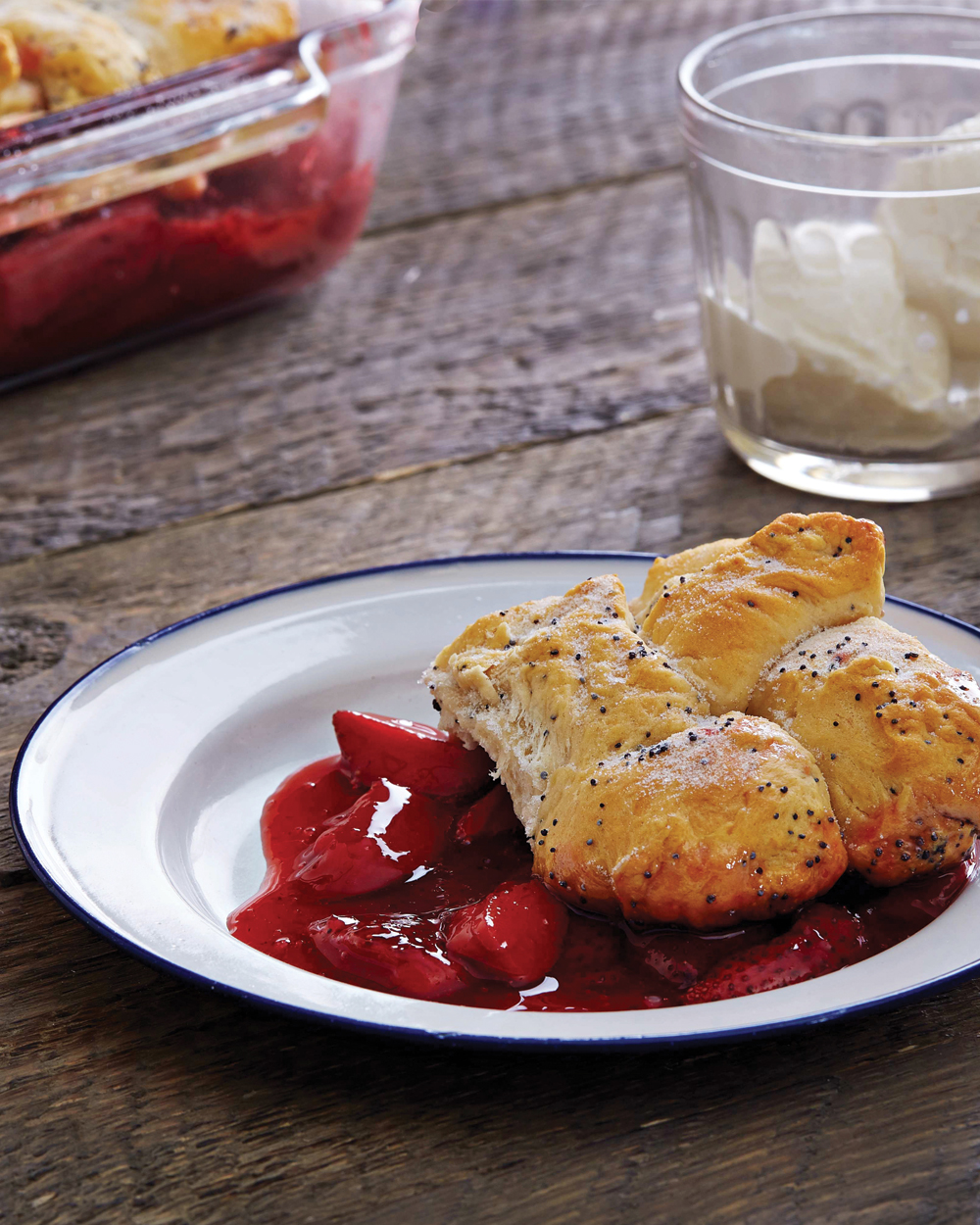 Vegan strawberry cobbler with rosewater and lemon poppyseed biscuit